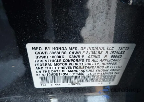 2014 Acura Ilx 2.0L z USA, uszkodzony, nr VIN 19VDE1F35EE011450